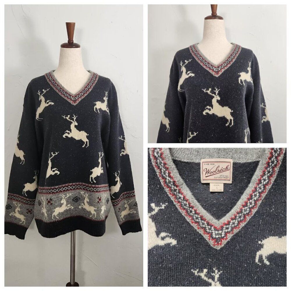Vintage Woolrich Fair Isle Deer Stag Cabincore Alpine Grey Wool Patterned Cozy M